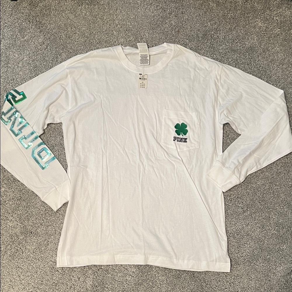 PINK Victoria's Secret White Long Sleeve with Green Accents